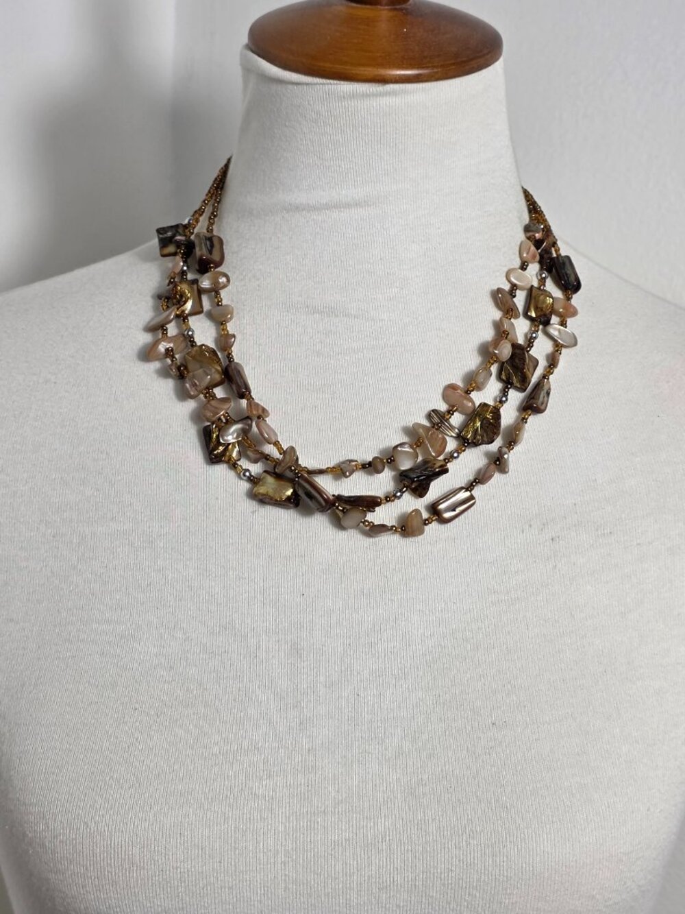 Triple-Strand Boho-Style Necklace Layered Natural Shell Pieces & Silver Spacers